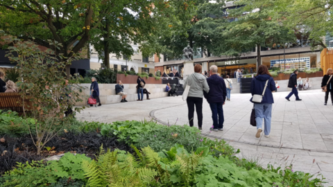 Renovated Hay Hill showing ferns and other foliage in foreground, people on paved area and sitting on steps, and steps up to Next shop