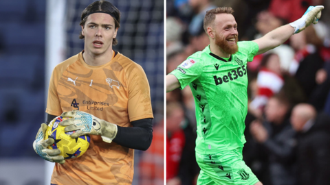 Split graphic showing goalkeepers Jacob Widell Zetterstrom from Derby County on the left and Stoke City's Viktor Johansson on the right