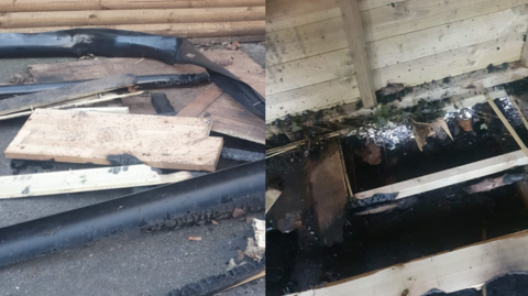 A composite of damage done to the interior and exterior of the shed. Charred parts of the structure have been left on the floor.