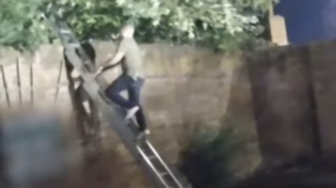 A blurred bodycam image showing a man in a green T-shirt and dark trousers a few metres up a ladder which leans on a brick wall and has tree shrubbery above it.