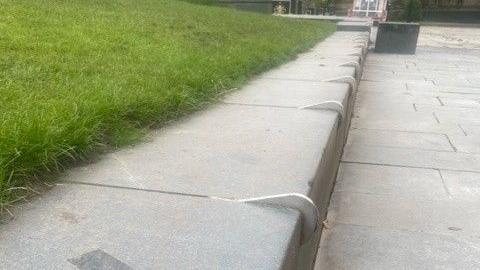 A number of metal 'Skaterstoppers' embedded at intervals along a concrete seating area by a grass verge.