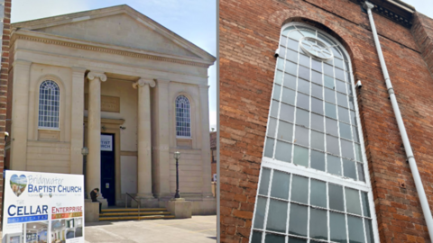 On the left of the picture, is a stone church, with pillars flanking the entrance. A sign outside reads 'Bridgwater Baptist Church'. On the right is a zoomed in shot of a window with a little evidence of damage.