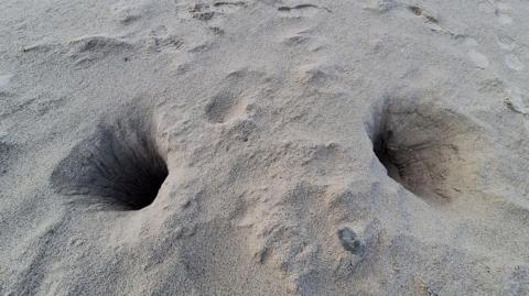Two large holes on a sandy beach. Both holes have signs of scratches in the sand on the sides of them. There are footprints in the sand at the top left of the picture.