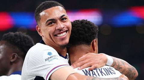Morgan Rogers celebrates with Aston Villa team-mate Ollie Watkins during England win over Wales at Wembley