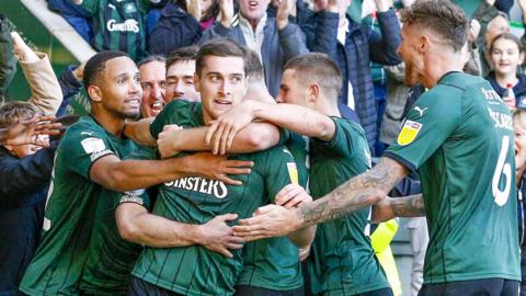 Plymouth Argyle celebrate their winning goal over Ipswich Town