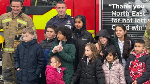 Firefighters meeting pupils from Broadwood Primary school HIARP and Jesmond Park Academy HIARP