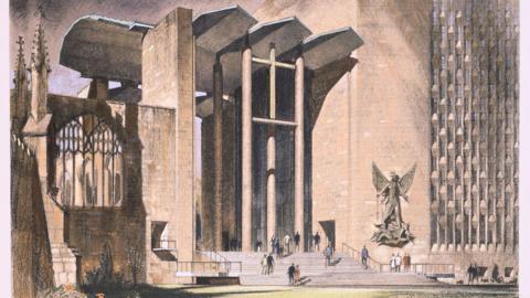 A coloured drawing shows a large modern building beside part of a traditional Gothic cathedral. There is a statue of a winged angel with a spear outside, and some steps with people on them.