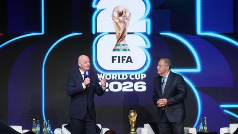 Gianni Infantino, President of FIFA, and Andres Cantor speak during the FIFA World Cup 2026 official match schedule announcement
