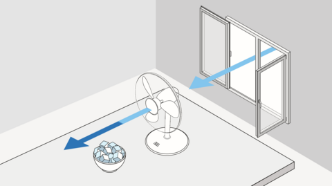 Graphic of window and fan and ice cubes