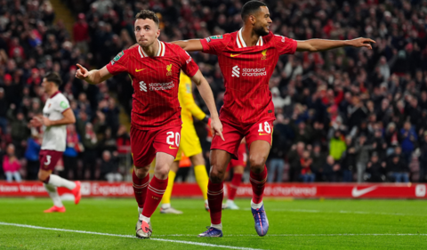 Liverpool's players celebrate after scoring against West Ham in the EFL Cup