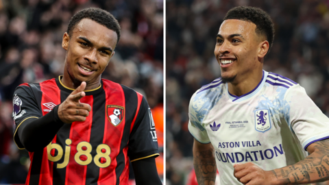 A split picture of Bournemouth's Eli Junior Kroupi and Aston Villa's Morgan Rogers