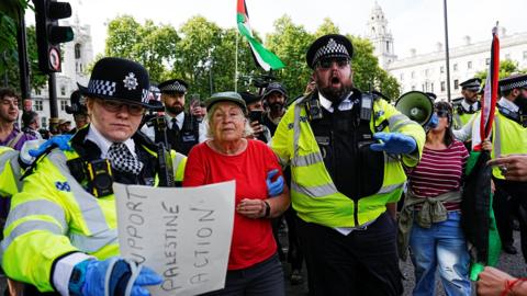 Two police officers arrest a woman with grey hair. The officer on the left is a woman who is wearing glasses, uniform and gloves while the right-hand officer, who has his arm through the arm of the woman being led away, is a man with a beard. He is shouting and gesturing with his free hand. The female officer is holding a sign saying 'Support Palestine Action'. The woman being led away is wearing a hat and red t-shirt
