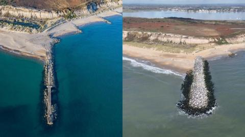 A before image of the Hengistbury Head Long Groyne on the left and an after image of the updated Hengistbury Head Long Groyne on the right which shows the Groyne is now wider and taller than it was before.