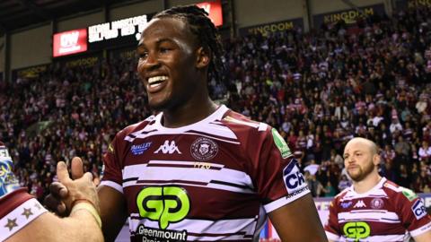 Wigan Warriors' Junior Nsemba celebrates