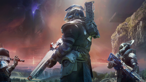 An artistic, painting-like image of a soldier-type character dressed in futuristic armour holding a large, rifle-style gun. Two similarly dressed characters stand at either side and a foreboding sky with swirling red clouds looms over the green landscape below.