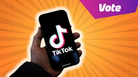 person holding phone with tiktok app, top corner reads 'vote'