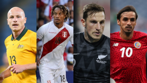 Australia's Aaron Mooy, Peru's Andre Carrillo, New Zealand's Chris Wood and Costa Rica's Bryan Ruiz