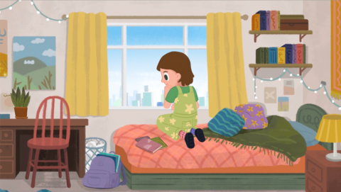 Illustration of child sat on her bed.