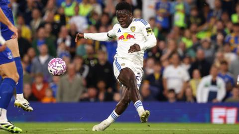 Willy Gnonto takes a shot during Leeds United's Premier League game against Everton in August