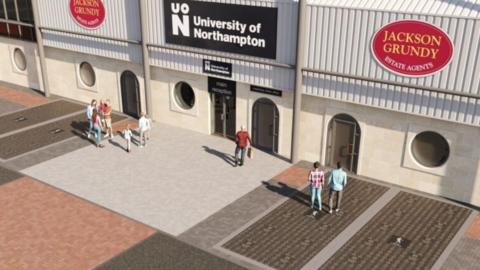 An animated artist impression of how the fan stones project will appear once complete, with people standing on them, walking into the ground.