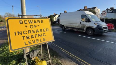 A road works sign on one of the main roads into and out of Cambridge