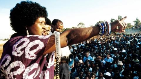 A picture taken on April 13, 1986 shows Winnie Madikizela-Mandela, then-wife of South African president Nelson Mandela, addressing a meeting in Kagiso township.