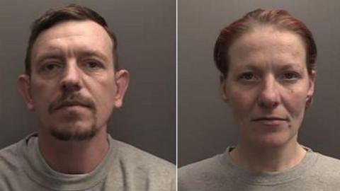 Custody photographs of Anthony Smith who has short dark hair and beard and Denise Yould who has red hair. They both wear grey T-Shirts.