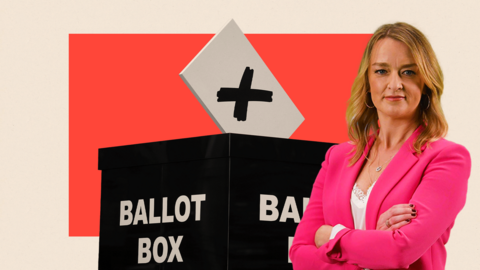 A treated image of a black ballot box with a voting slip marked with a black X being inserted into it with a image of Laura K edited on the side
