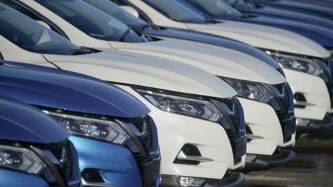 New cars wait for distribution at the Sunderland car assembly plant of Nissan on February 04, 2019 in Sunderland, England.