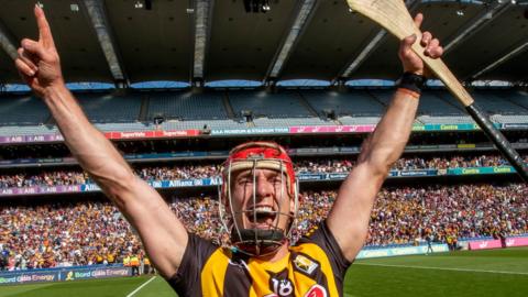 Cillian Buckley celebrates at full-time after his dramatic winning goal for Kilkenny in the Leinster Final