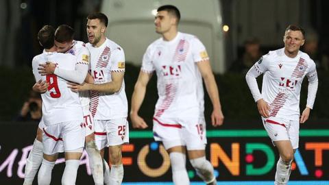 Karlo Abramovic of HSK Zrinjski Mostar celebrates scoring his team's first goal