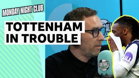Marc Ogden speaking on Monday Night Club with caption 'Tottenham in trouble' and Tottenham playing with head in hands