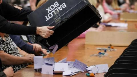 A ballot box being emptied on to a desk. 