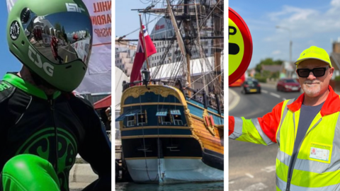Three composite images. The first of a man in a helmet and green and black leathers; the second of an 18th Century ship and the final one of a lollipop man.