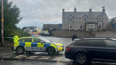 A police car waits on a street in the rain. A police officer's back is to the camera.