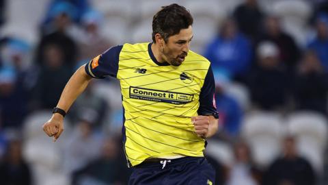 Chris Wood celebrates after claiming a wicket for Hampshire 