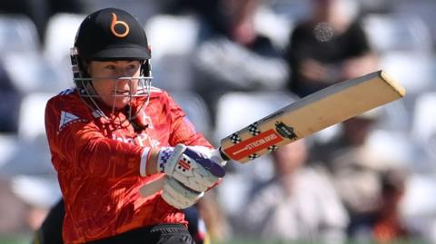Tammy Beaumont, of The Blaze, plays a shot against Warwickshire in the Women's One-Day at Trent Bridge, Nottingham, in April 2026