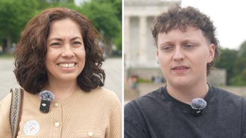 A split screen with a woman in cream shirt on the left and a man in black on the right.