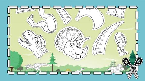 A prehistoric green field with line drawings of dinosaur parts to cut out and match.