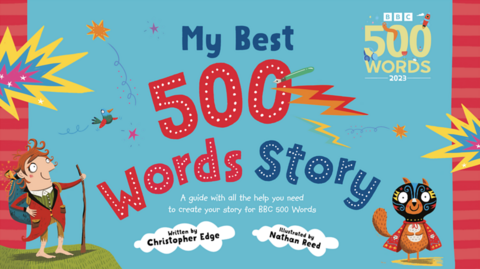 The front cover of the Oxford University Press' interactive booklet. Features a cat-like magical creature and a short man with a stick. Text reads: 'My Best 500 Words Story'.