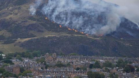 view of a fire on Arthur's Seat in Holyrood Park, Edinburgh