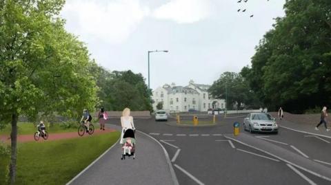 A CGI of a roundabout, with four roads coming off it, a white building in the background. There are people walking on the pavement, and a cyclist is on a separate cycle path.