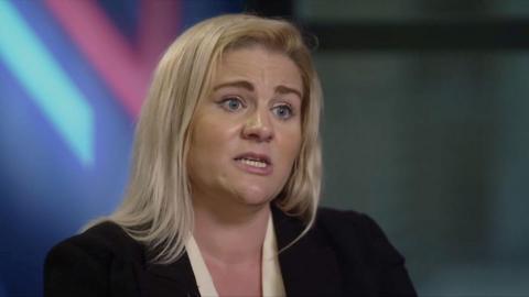 Victims minister Alex Davies-Jones, who has blonde hair and is wearing a black jacket, sits during an interview on Newsnight.