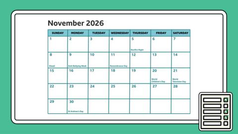 Academic calendar showing November 2026 with key dates noted.
