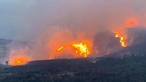 A small figure in the bottom left of the photo is dwarfed by large flames spreading across a dark wilderness landcape.