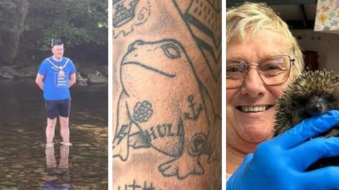 Three images: a man in mayoral chain and hat stands in a river, a close up of a tattoo of a frog with the 'Hull' written on it and a woman with short blonde hair and glasses, wearing blue gloves, holding a hedgehog.