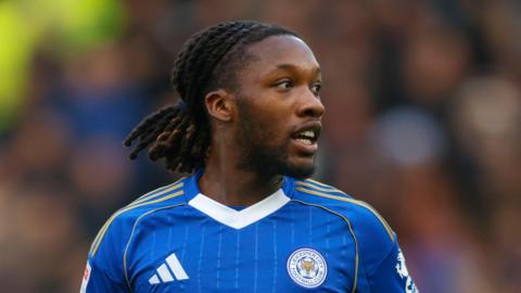 Silko Thomas playing for Leicester City in their blue and white home colours. 