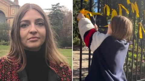 Image of Nadia Yahlom and an image of her cutting yellow ribbons from a fence