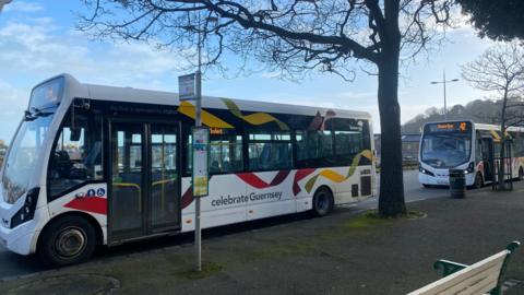 Two white Guernsey buses at a bus stop.