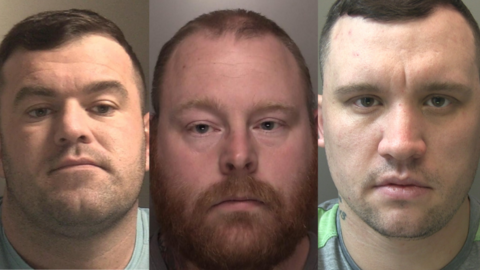 Custody photos of Cory Bruen, who has black hair, Patrick OLliffe, who has ginger hair and facial hair, and Zaac Farrell, who has black hair.